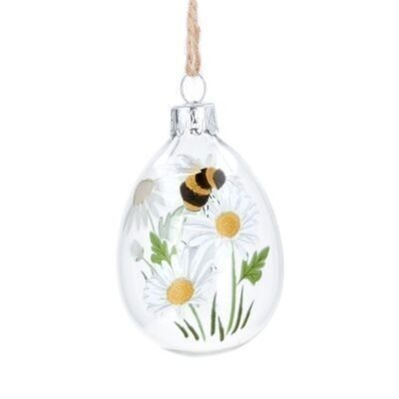 Clear glass egg shaped hanging decoration with bee and daisy detail. The perfect addition to your home for Spring. By Gisela Graham.